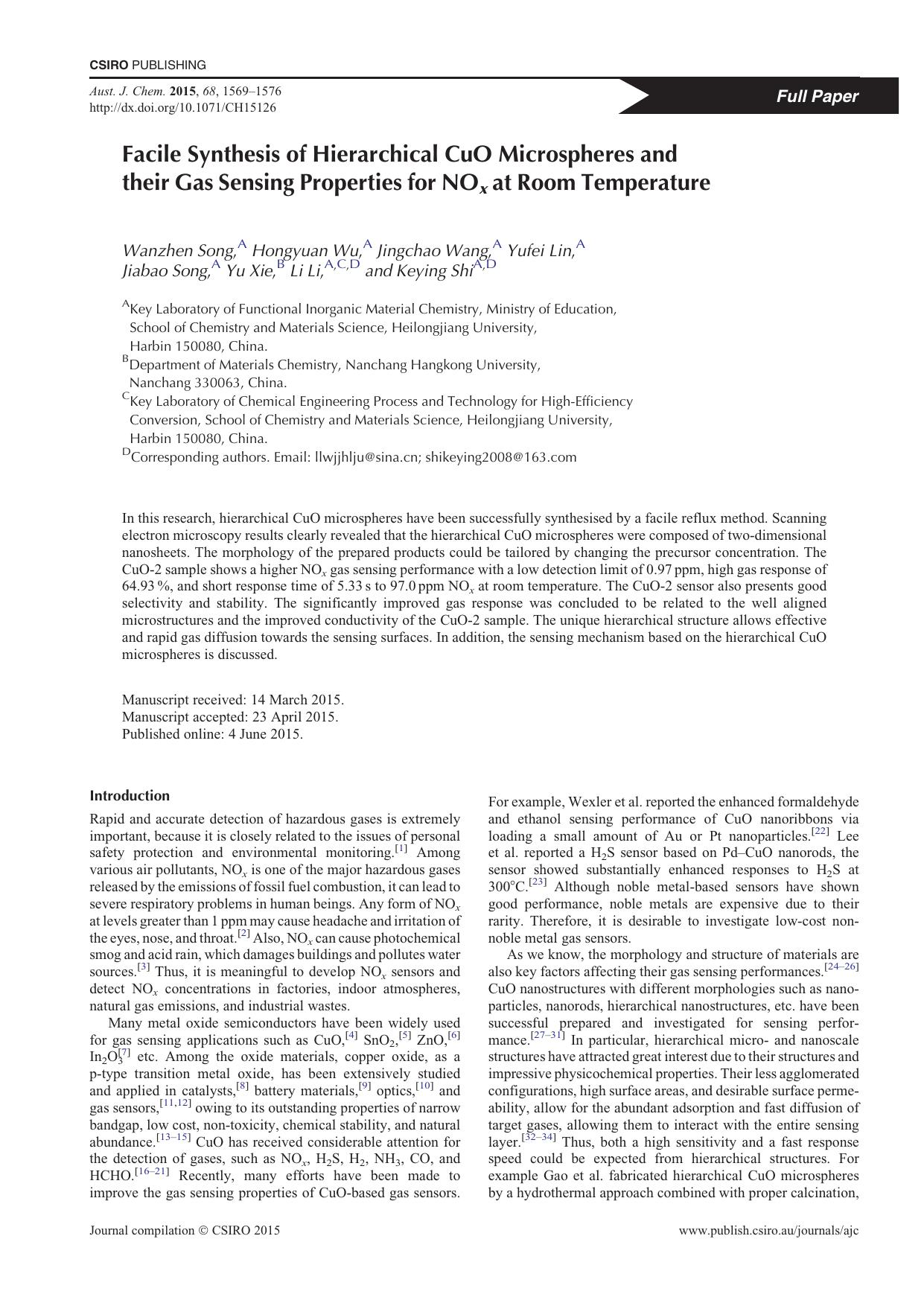 Facile Synthesis of Hierarchical CuO Microspheres and their Gas Sensing Properties for NOx at Room Temperature by W. Song et al