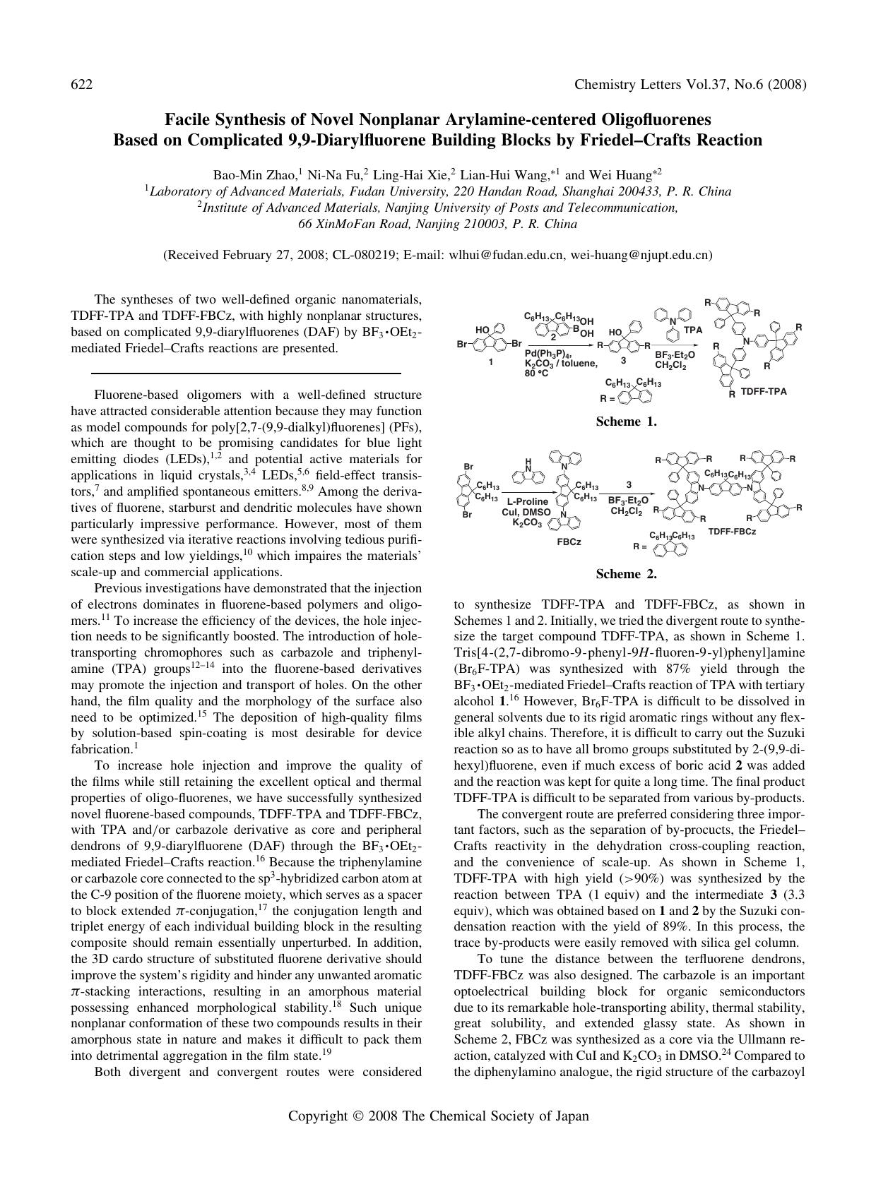 Facile Synthesis of Novel Nonplanar Arylamine-centered Oligofluorenes Based on Complicated 9,9-Diarylfluorene Building Blocks by Friedel--Crafts Reaction by Bao-Min Zhao Ni-Na Fu Ling-Hai Xie Lian-Hui Wang and Wei Huang