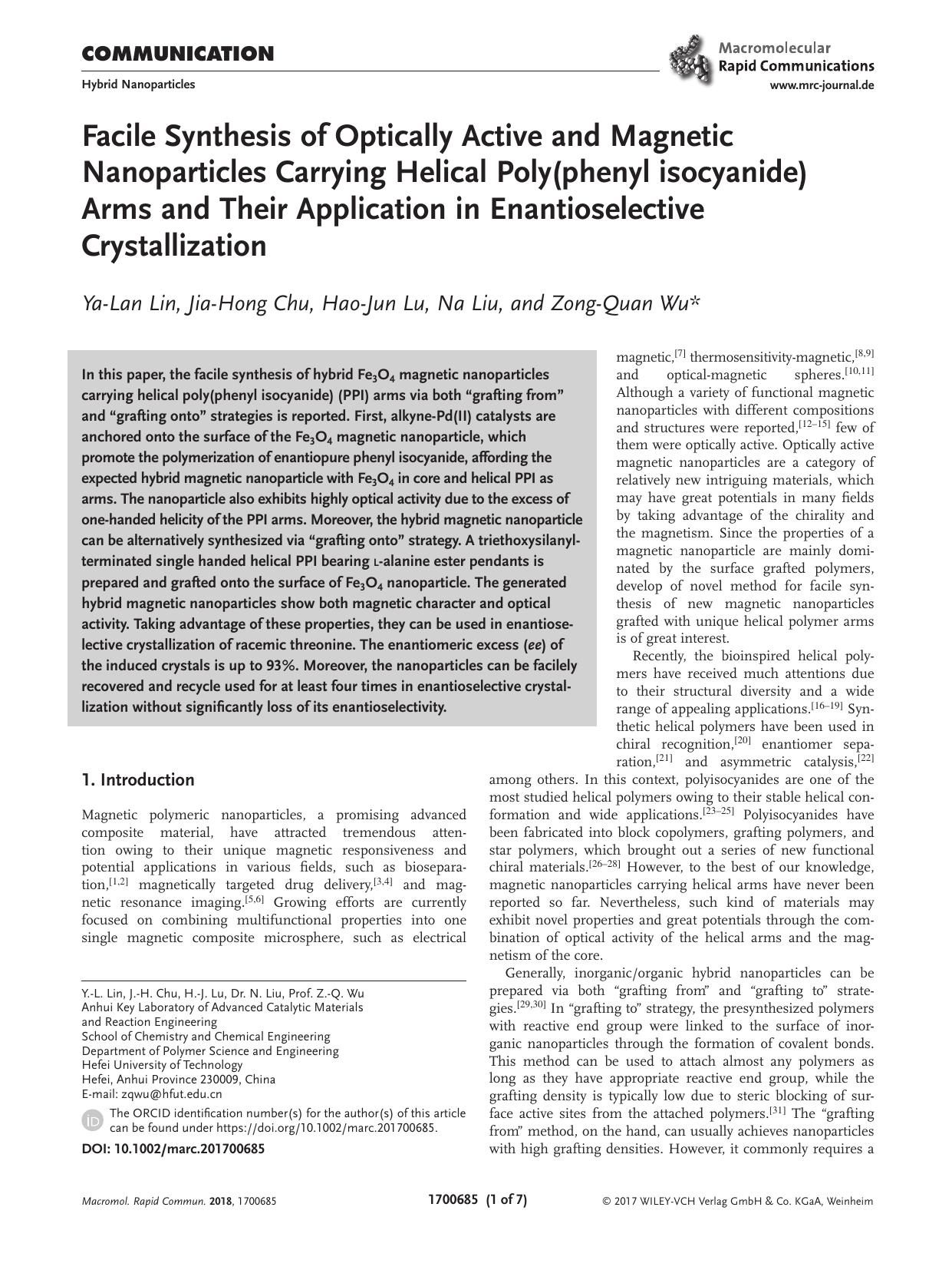 Facile Synthesis of Optically Active and Magnetic Nanoparticles Carrying Helical Poly(phenyl isocyanide) Arms and Their Application in Enantioselective Crystallization by Unknown
