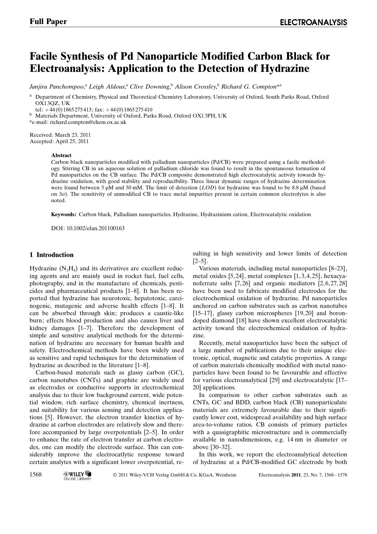 Facile Synthesis of Pd Nanoparticle Modified Carbon Black for Electroanalysis: Application to the Detection of Hydrazine by Unknown