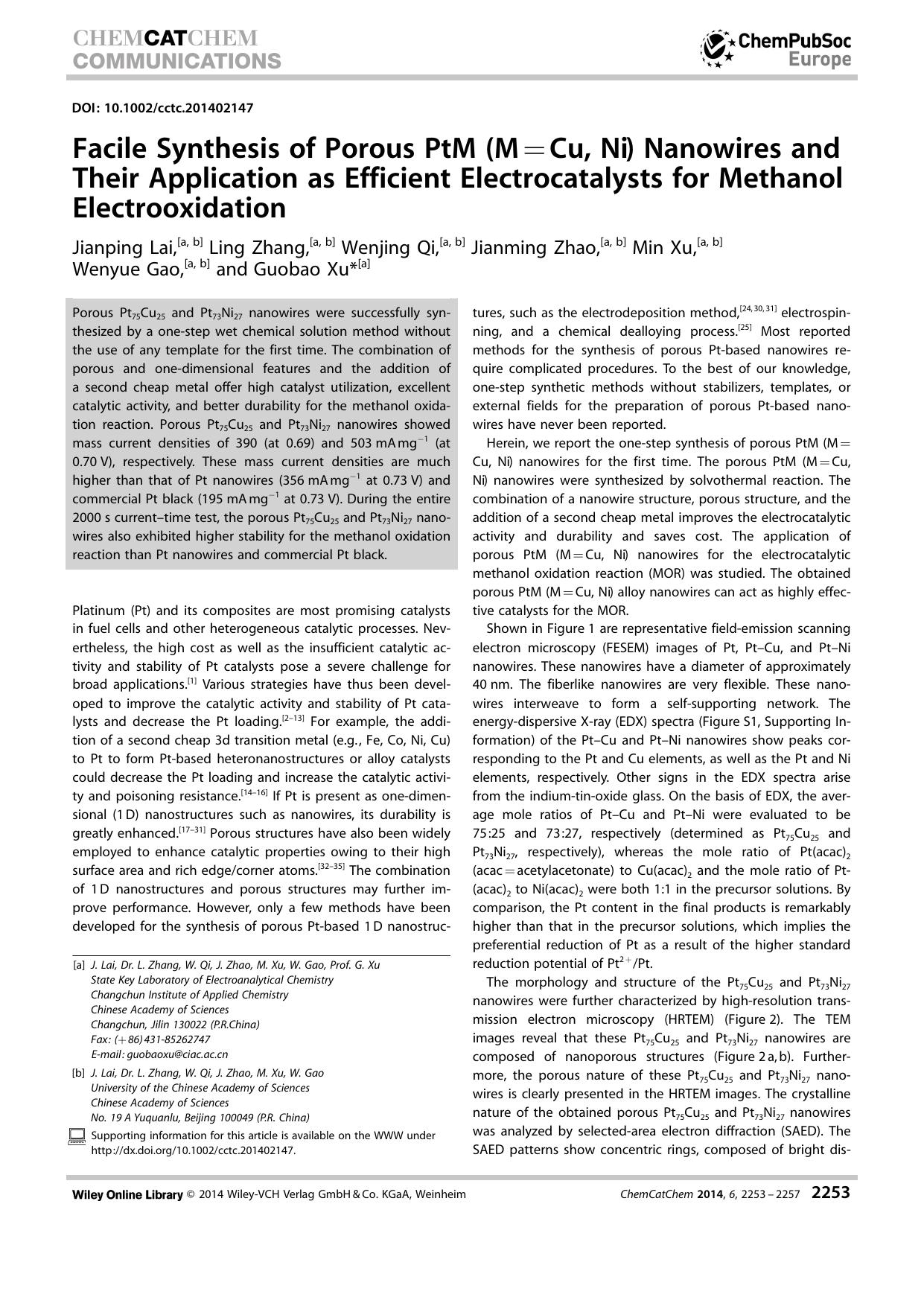 Facile Synthesis of Porous PtM (M=Cu, Ni) Nanowires and Their Application as Efficient Electrocatalysts for Methanol Electrooxidation by Unknown