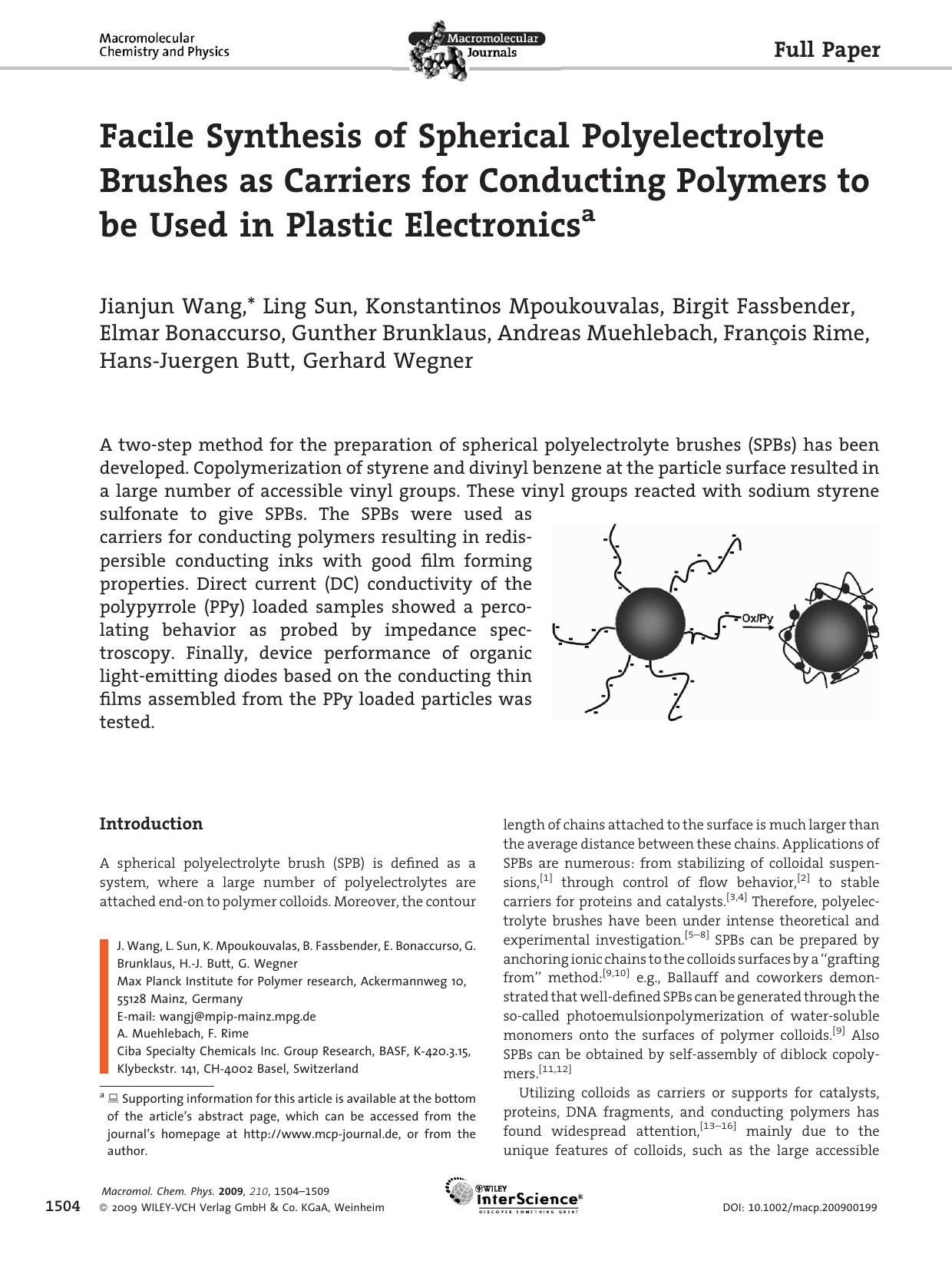 Facile Synthesis of Spherical Polyelectrolyte Brushes as Carriers for Conducting Polymers to be Used in Plastic Electronics by Unknown