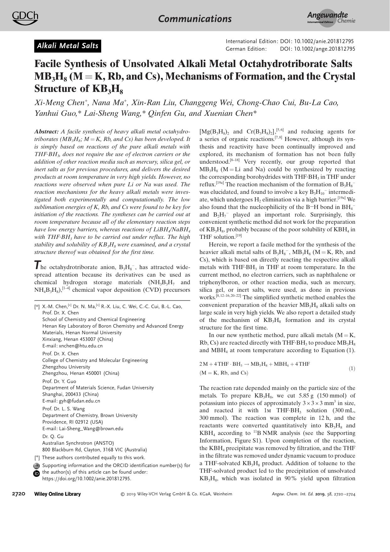 Facile Synthesis of Unsolvated Alkali Metal Octahydrotriborate Salts MB3H8 (M=K, Rb, and Cs), Mechanisms of Formation, and the Crystal Structure of KB3H8 by Unknown