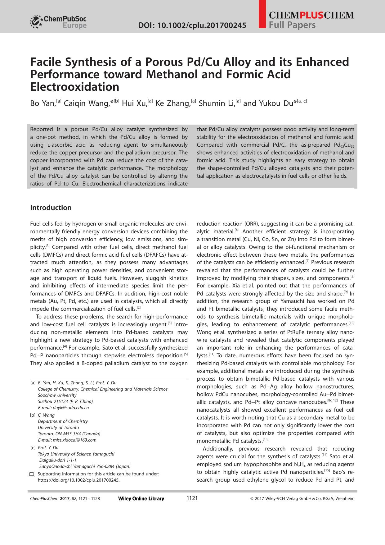 Facile Synthesis of a Porous PdCu Alloy and its Enhanced Performance toward Methanol and Formic Acid Electrooxidation by Unknown