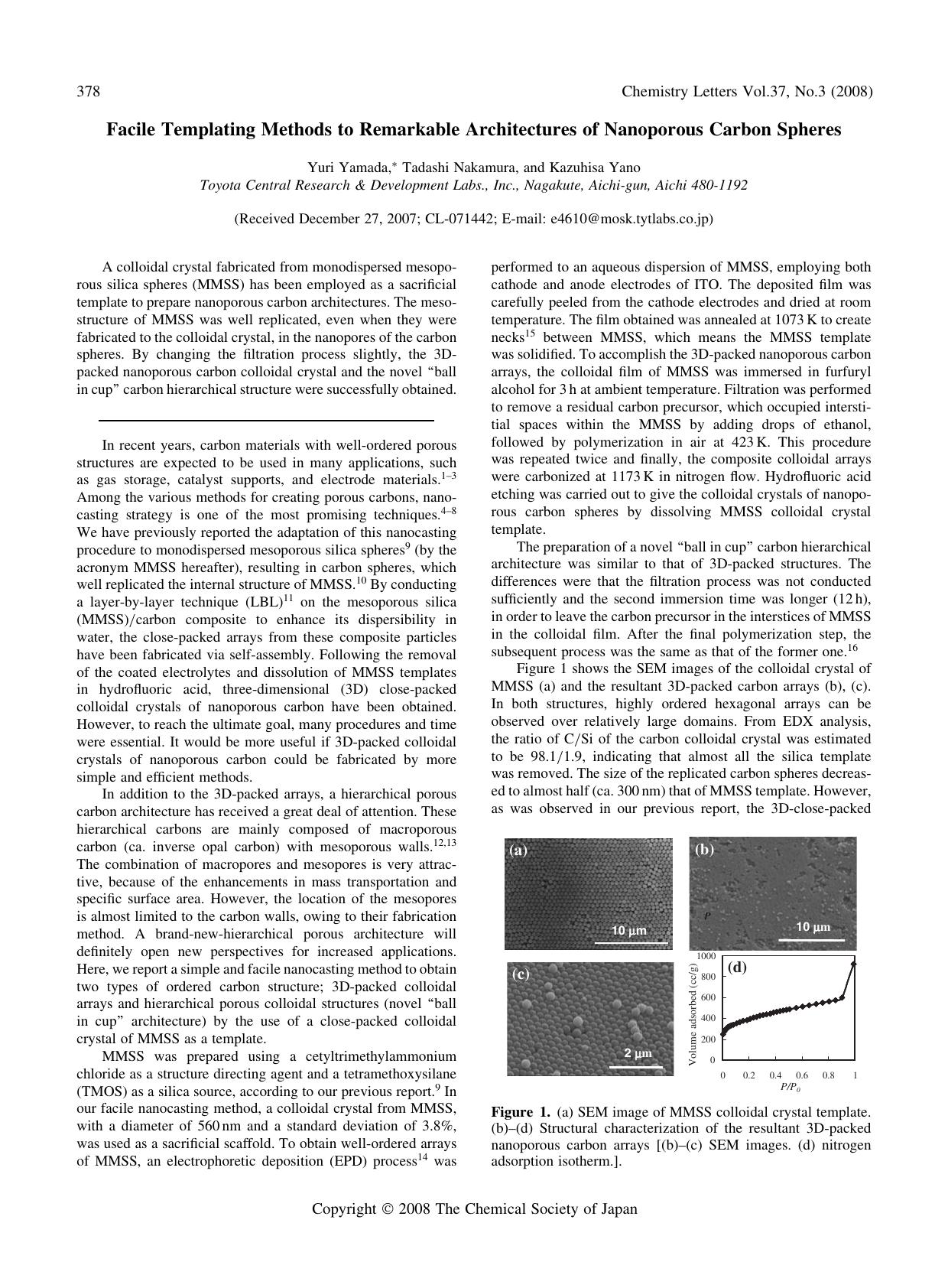 Facile Templating Methods to Remarkable Architectures of Nanoporous Carbon Spheres by Yuri Yamada Tadashi Nakamura and Kazuhisa Yano