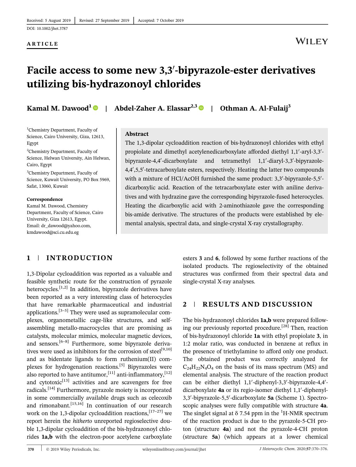 Facile access to some new 3,3âbipyrazoleâester derivatives utilizing bisâhydrazonoyl chlorides by Kamal M. Dawood Abdel‐Zaher A. Elassar Othman A. Al‐Fulaij