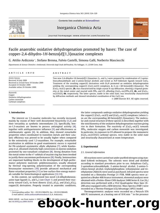 Facile anaerobic oxidative dehydrogenation promoted by bases: The case of copper-2,4-dihydro-1H-benzo[d][1,3]oxazine complexes by G. Attilio Ardizzoia; Stefano Brenna; Fulvio Castelli; Simona Galli; Norberto Masciocchi