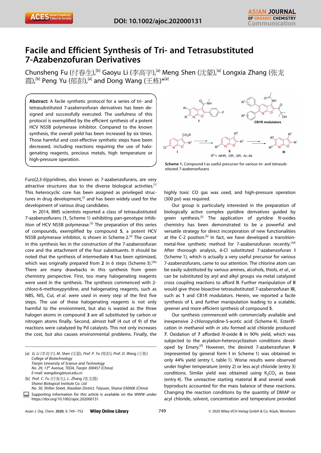 Facile and Efficient Synthesis of Triâ and Tetrasubstituted 7âAzabenzofuran Derivatives by Unknown