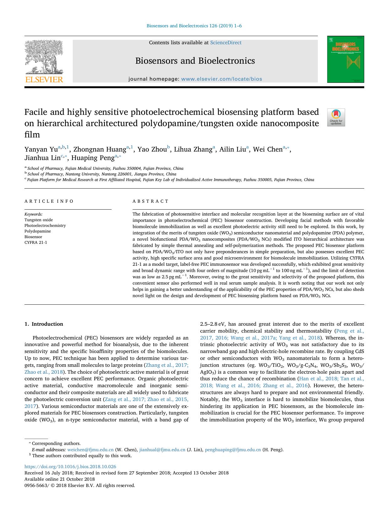Facile and highly sensitive photoelectrochemical biosensing platform based on hierarchical architectured polydopaminetungsten oxide nanocomposite film by unknow