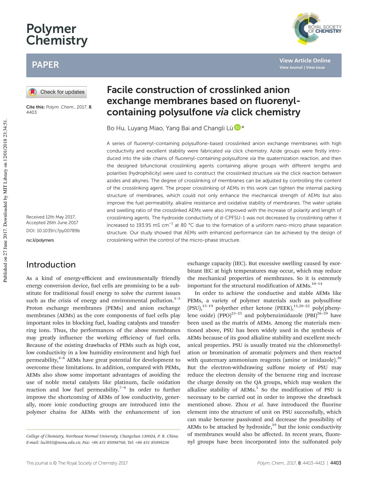 Facile construction of crosslinked anion exchange membranes based on fluorenyl-containing polysulfone via click chemistry by Bo Hu Luyang Miao Yang Bai Changli Lü