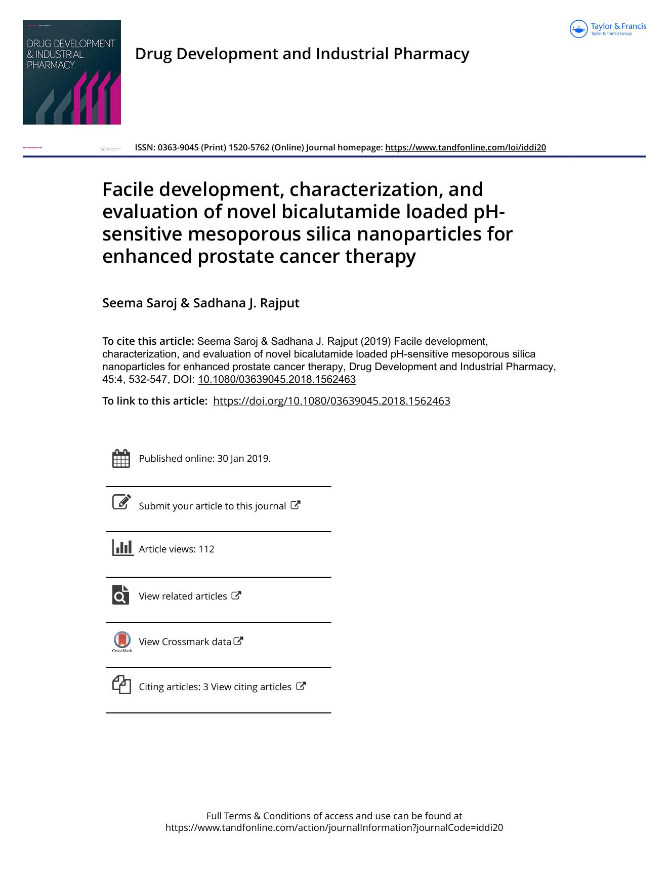 Facile development, characterization, and evaluation of novel bicalutamide loaded pH-sensitive mesoporous silica nanoparticles for enhanced prostate cancer therapy by Saroj Seema & Rajput Sadhana J