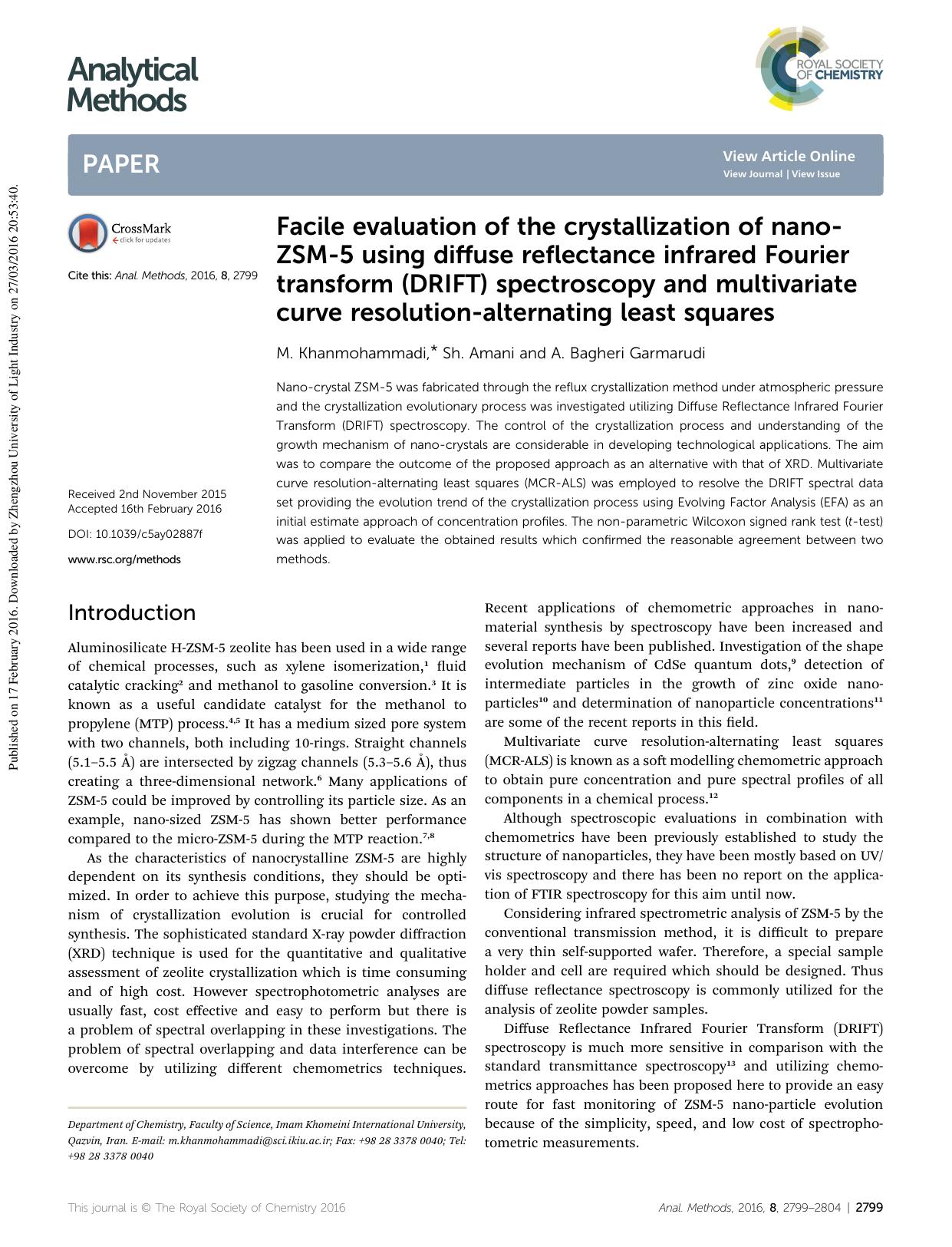 Facile evaluation of the crystallization of nano-ZSM-5 using diffuse reflectance infrared Fourier transform (DRIFT) spectroscopy and multivariate curve resolution-alternating least squares by M. Khanmohammadi & Sh. Amani & A. Bagheri Garmarudi