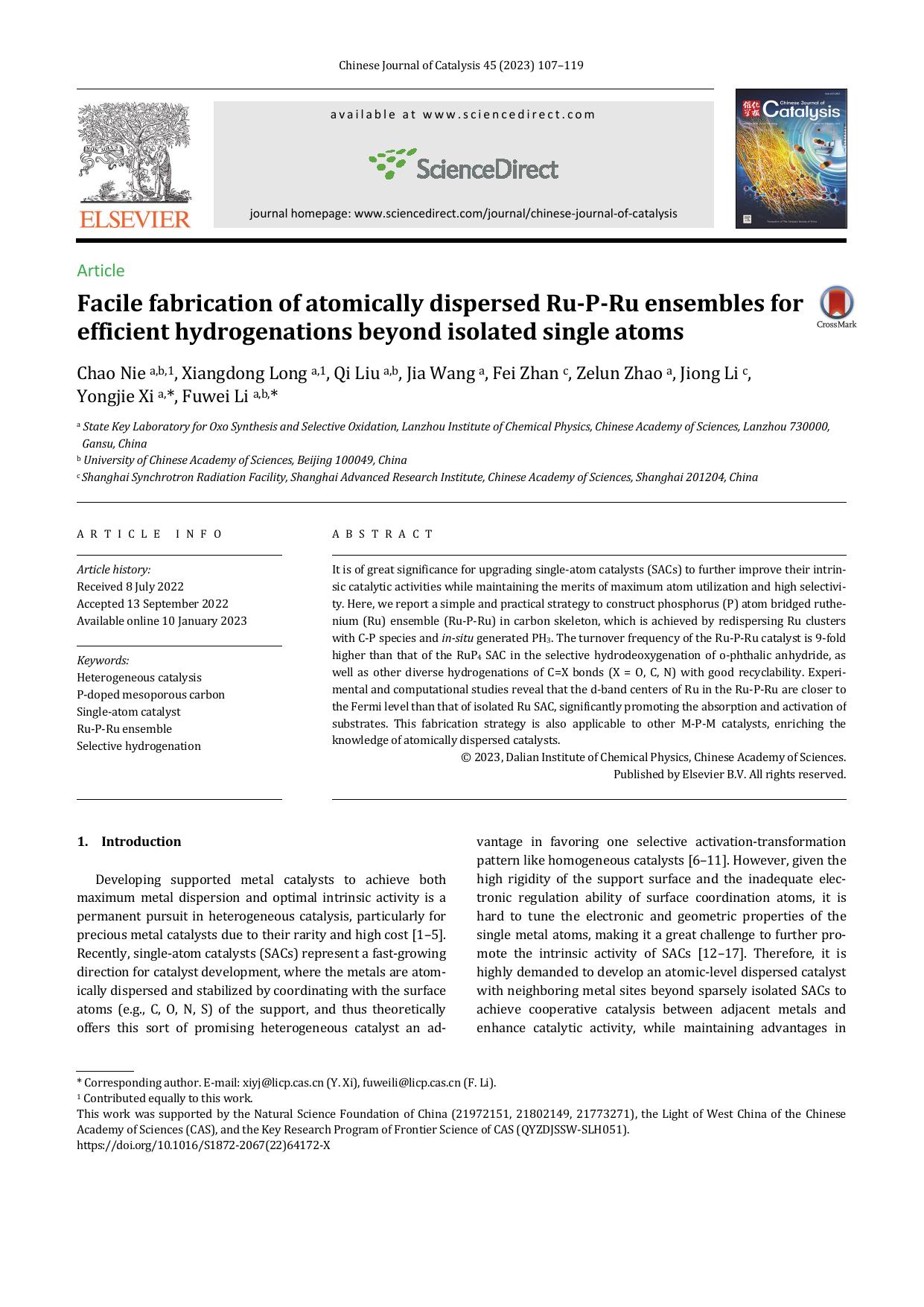 Facile fabrication of atomically dispersed Ru-P-Ru ensembles for efficient hydrogenations beyond isolated single atoms by unknow
