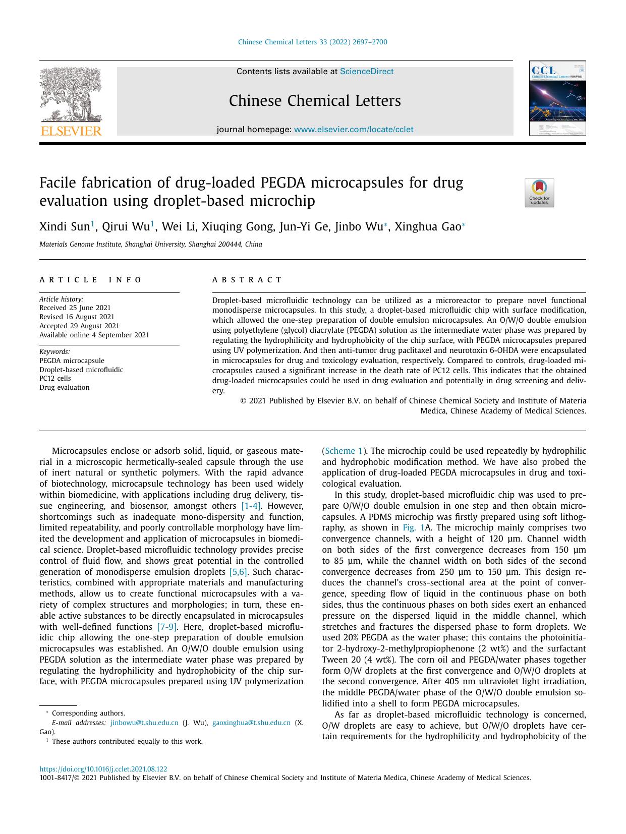 Facile fabrication of drug-loaded PEGDA microcapsules for drug evaluation using droplet-based microchip by Xindi Sun & Qirui Wu & Wei Li & Xiuqing Gong & Jun-Yi Ge & Jinbo Wu & Xinghua Gao