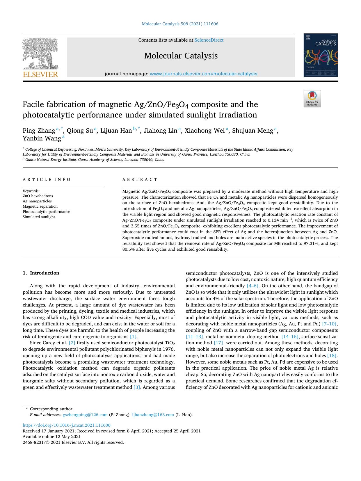 Facile fabrication of magnetic AgZnOFe3O4 composite and the photocatalytic performance under simulated sunlight irradiation by Ping Zhang & Qiong Su & Lijuan Han & Jiahong Lin & Xiaohong Wei & Shujuan Meng & Yanbin Wang
