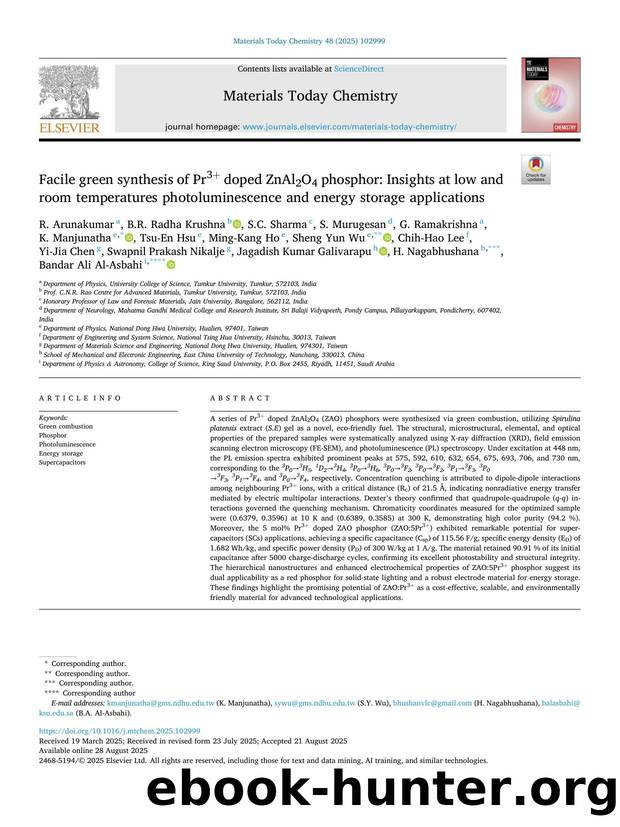 Facile green synthesis of Pr3+ doped ZnAl2O4 phosphor: Insights at low and room temperatures photoluminescence and energy storage applications by unknow