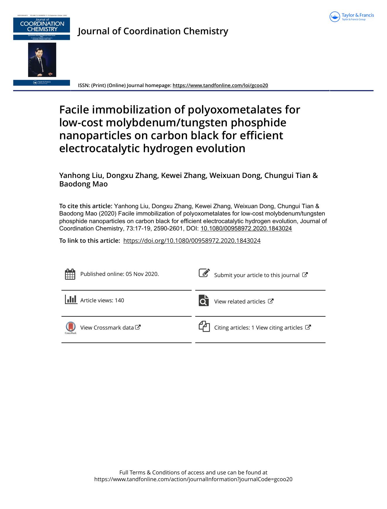 Facile immobilization of polyoxometalates for low-cost molybdenumtungsten phosphide nanoparticles on carbon black for efficient electrocatalytic hydrogen evolution by Liu Yanhong & Zhang Dongxu & Zhang Kewei & Dong Weixuan & Tian Chungui & Mao Baodong