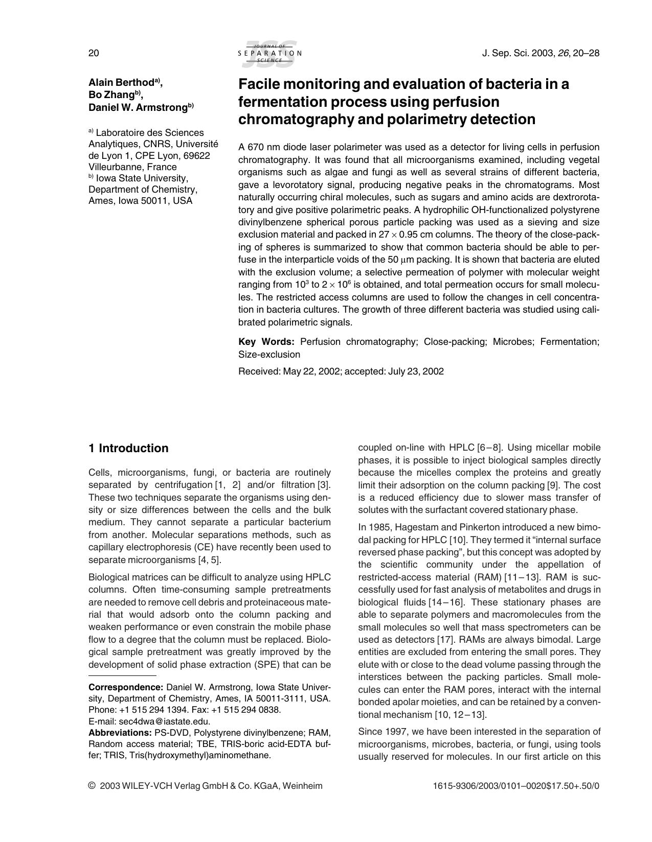 Facile monitoring and evaluation of bacteria in a fermentation process using perfusion chromatography and polarimetry detection by Unknown