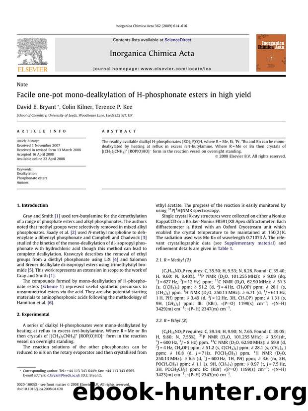 Facile one-pot mono-dealkylation of H-phosphonate esters in high yield by David E. Bryant; Colin Kilner; Terence P. Kee