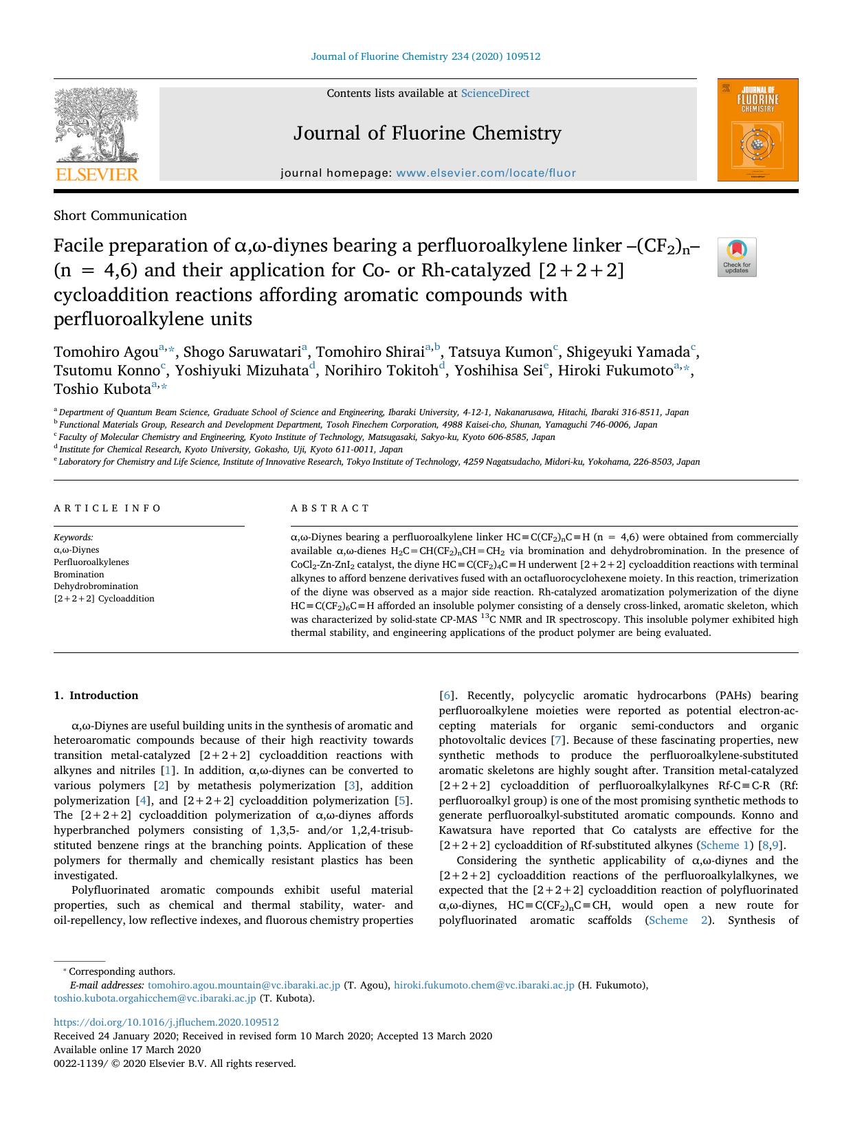 Facile preparation of Î±,Ï-diynes bearing a perfluoroalkylene linker â(CF2)nâ (n = 4,6) and their application for Co- or Rh-catalyzed [2+2+2]cycloaddition reactions affording by unknow