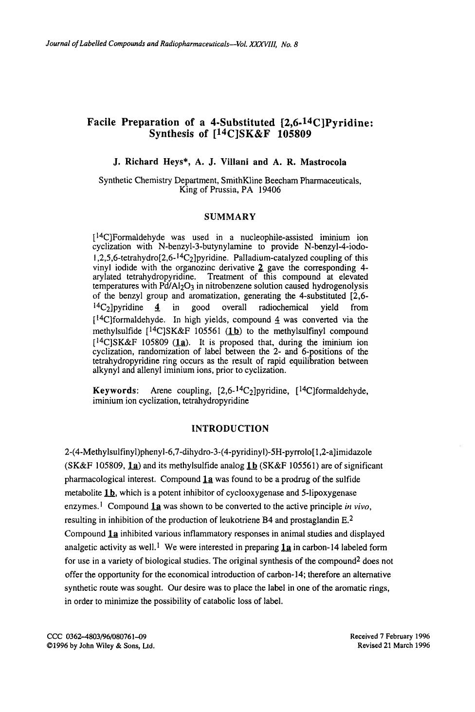 Facile preparation of a 4-substituted [2,6-14C]pyridine: Synthesis of [14C]SK&F 105809 by Unknown