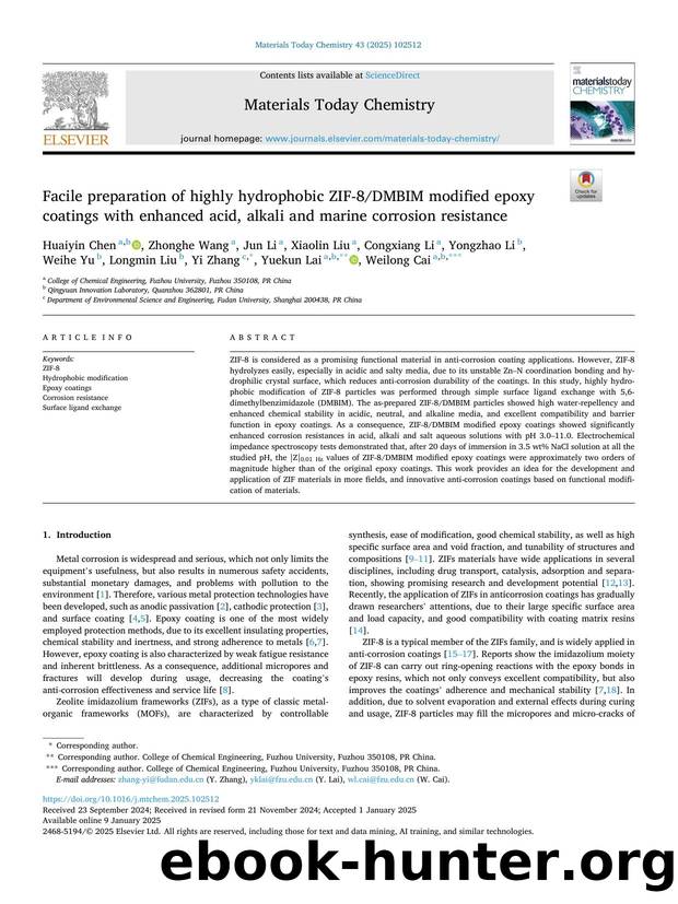 Facile preparation of highly hydrophobic ZIF-8DMBIM modified epoxy coatings with enhanced acid, alkali and marine corrosion resistance by unknow