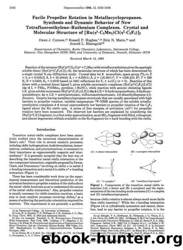 Facile propeller rotation in metallacyclopropanes. Synthesis and dynamic behavior of new tetrafluoroethylene-ruthenium complexes. Crystal and molecular structures of [Ru(.eta.5-C5Me5)Cl(.eta.2-C2F4)]2 by Owen J. Curnow Russell P. Hughes Erin N. Mairs Arnold L. Rheingold