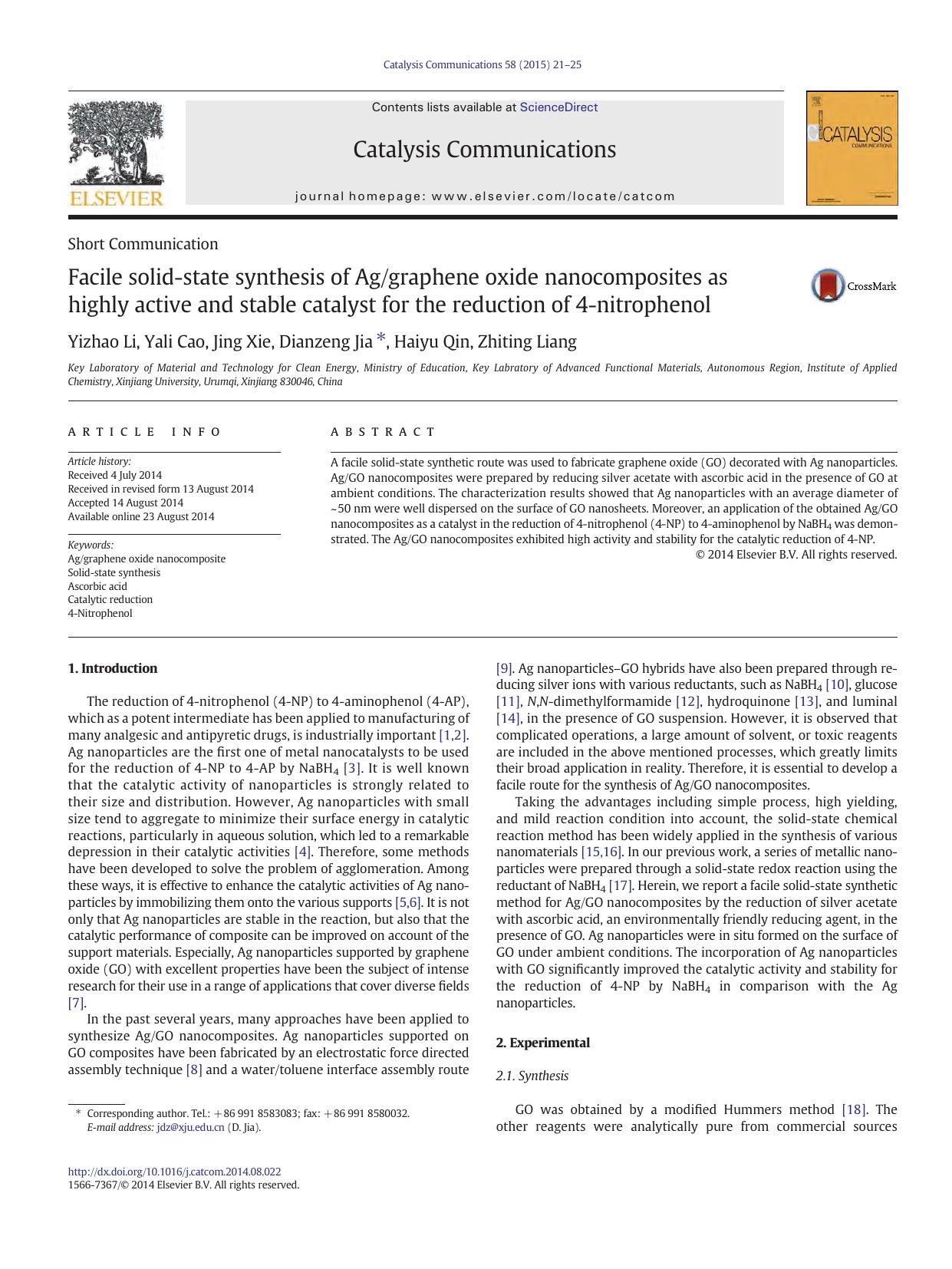 Facile solid-state synthesis of Aggraphene oxide nanocomposites as highly active and stable catalyst for the reduction of 4-nitrophenol by Yizhao Li & Yali Cao & Jing Xie & Dianzeng Jia & Haiyu Qin & Zhiting Liang