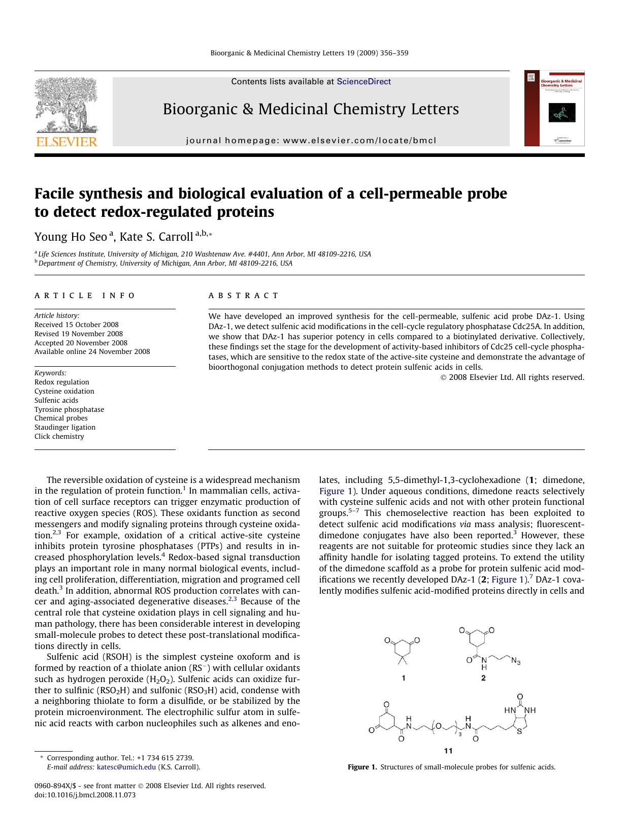 Facile synthesis and biological evaluation of a cell-permeable probe to detect redox-regulated proteins by Young Ho Seo; Kate S. Carroll