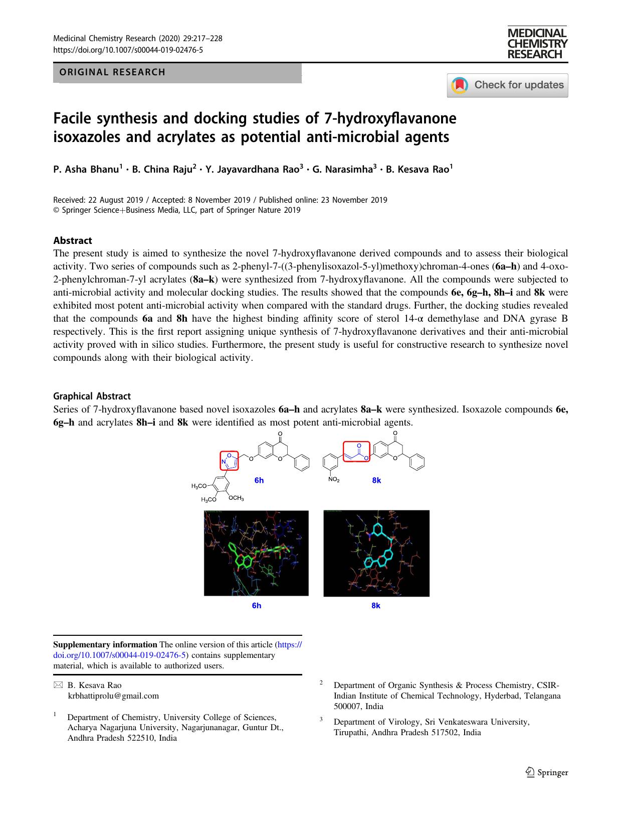 Facile synthesis and docking studies of 7-hydroxyflavanone isoxazoles and acrylates as potential anti-microbial agents by P. Asha Bhanu & B. China Raju & Y. Jayavardhana Rao & G. Narasimha & B. Kesava Rao