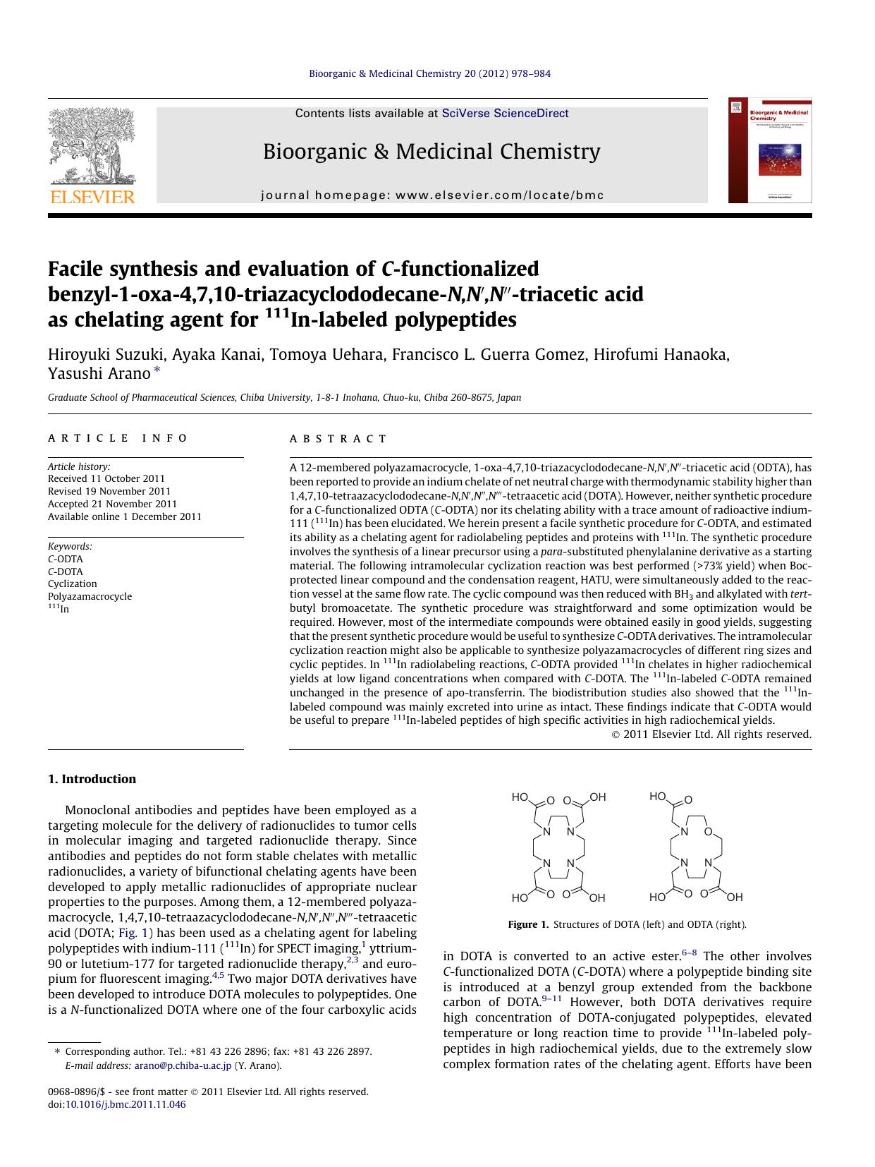 Facile synthesis and evaluation of C-functionalized benzyl-1-oxa-4,7,10-triazacyclododecane-N,NÃ¢â¬Â²,NÃ¢â¬Â³-triacetic acid as chelating agent for 111In-labeled polypeptides by unknow