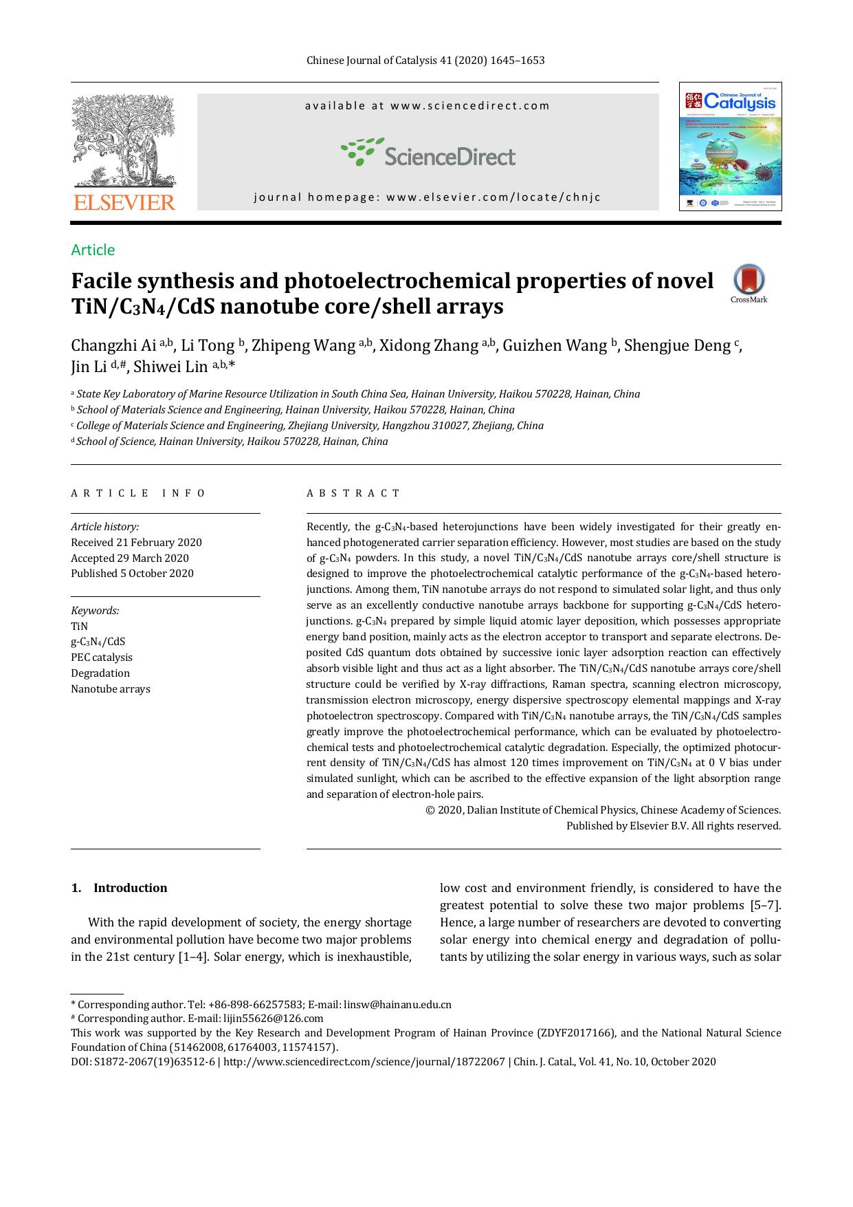 Facile synthesis and photoelectrochemical properties of novel TiNC3N4CdS nanotube coreshell arrays by Changzhi Ai