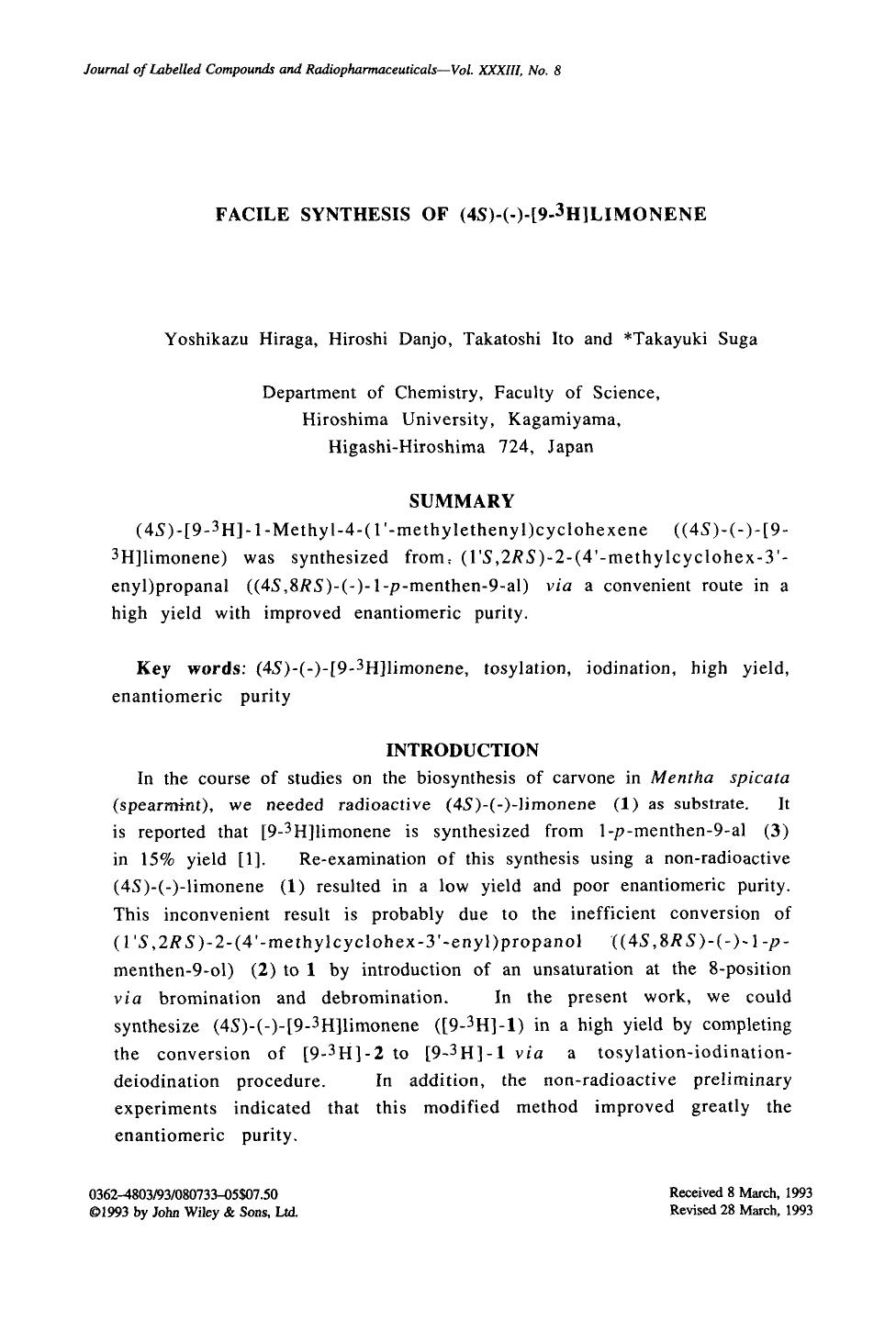 Facile synthesis of (4S)-([minus])-[9-3H]limonene by Unknown