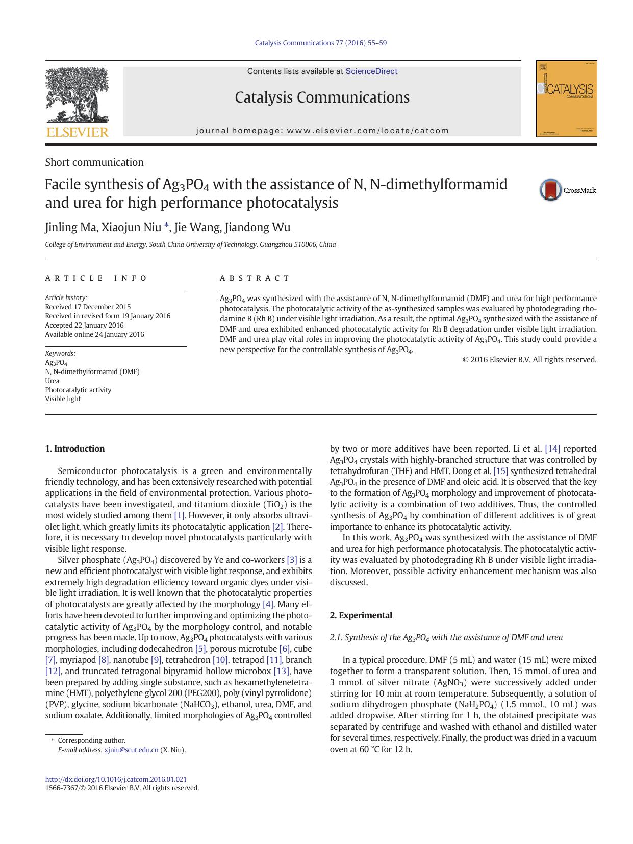 Facile synthesis of Ag3PO4 with the assistance of N, N-dimethylformamid and urea for high performance photocatalysis by Jinling Ma & Xiaojun Niu & Jie Wang & Jiandong Wu