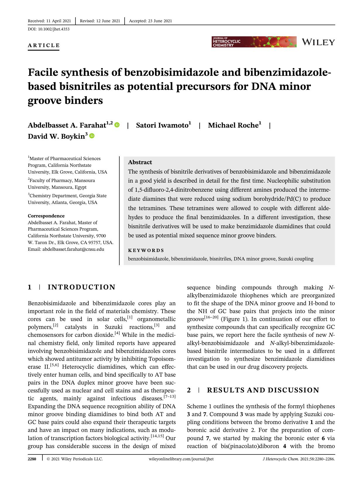 Facile synthesis of Benzobisimidazole and Bibenzimidazole-based bisnitriles as potential precursors for DNA minor groove binders. by Unknown