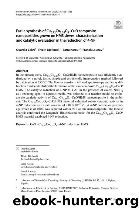 Facile synthesis of Cu0.72Co2.28O4âCuO composite nanoparticles grown on HMS sieves: characterization and catalytic evaluation in the reduction of 4-NP by Ouardia Zekri & Thiziri Djelloudi & Sarra Karoui & Franck Launay