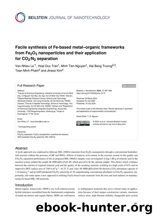 Facile synthesis of Fe-based metalâorganic frameworks from Fe2O3 nanoparticles and their application for CO2N2 separation by Van Nhieu Le Hoai Duc Tran Minh Tien Nguyen Hai Bang Truong Toan Minh Pham Jinsoo Kim