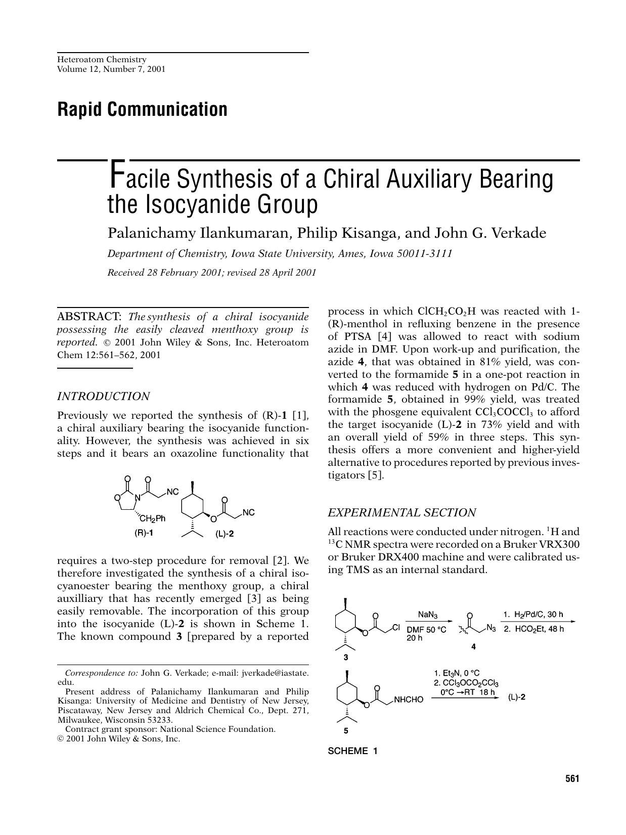 Facile synthesis of a chiral auxiliary bearing the isocyanide group by Unknown