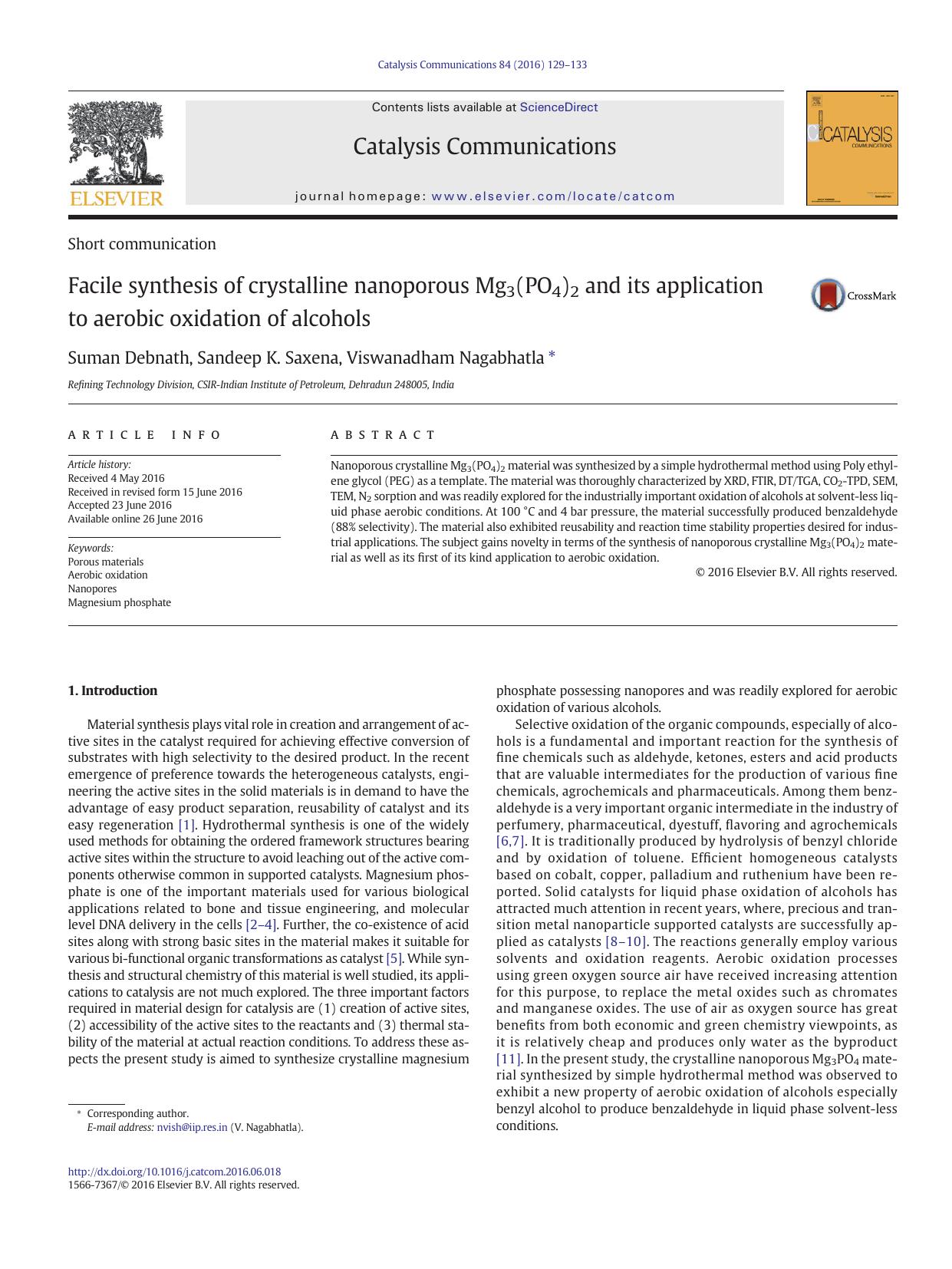 Facile synthesis of crystalline nanoporous Mg3(PO4)2 and its application to aerobic oxidation of alcohols by Suman Debnath & Sandeep K. Saxena & Viswanadham Nagabhatla