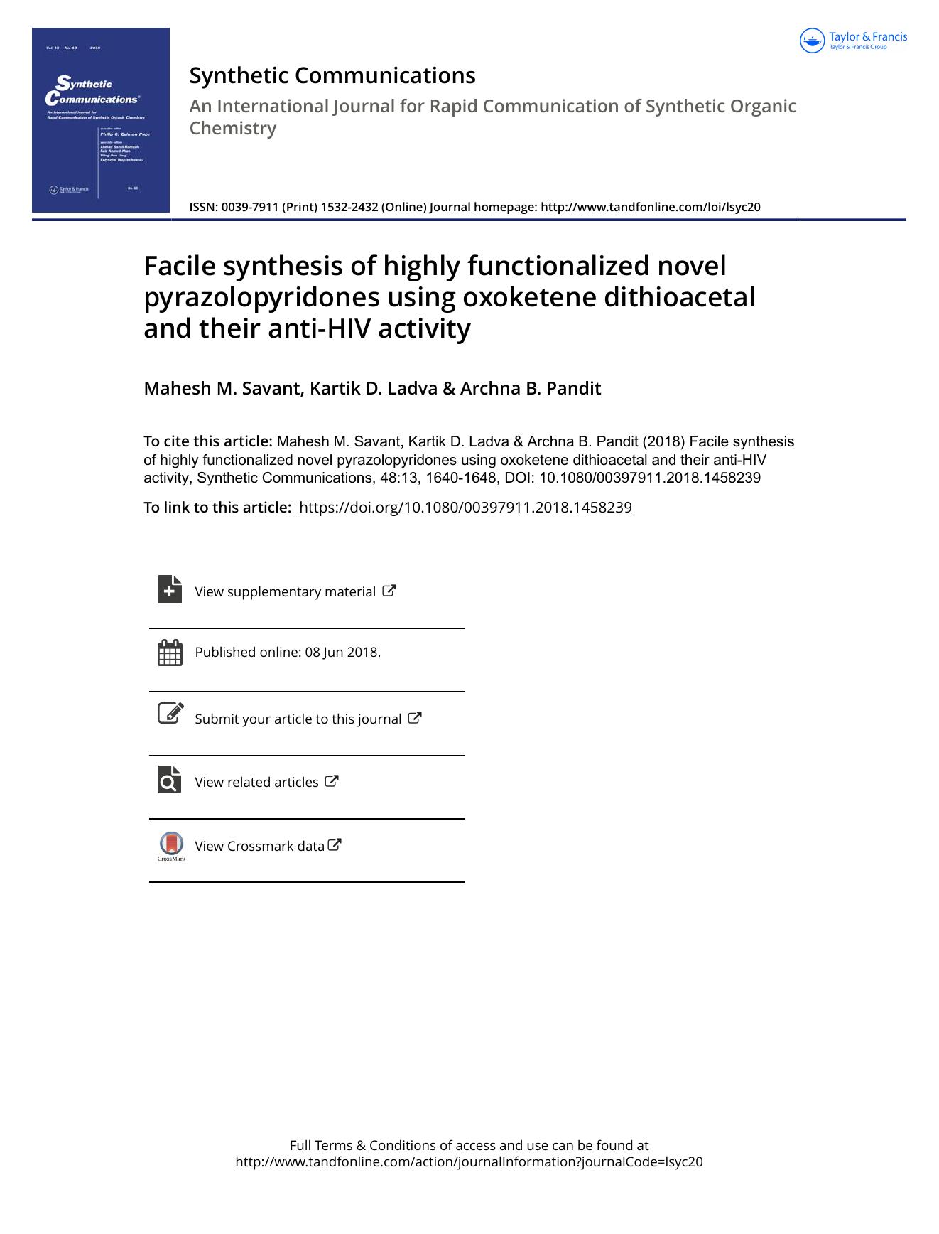Facile synthesis of highly functionalized novel pyrazolopyridones using oxoketene dithioacetal and their anti-HIV activity by Mahesh M. Savant