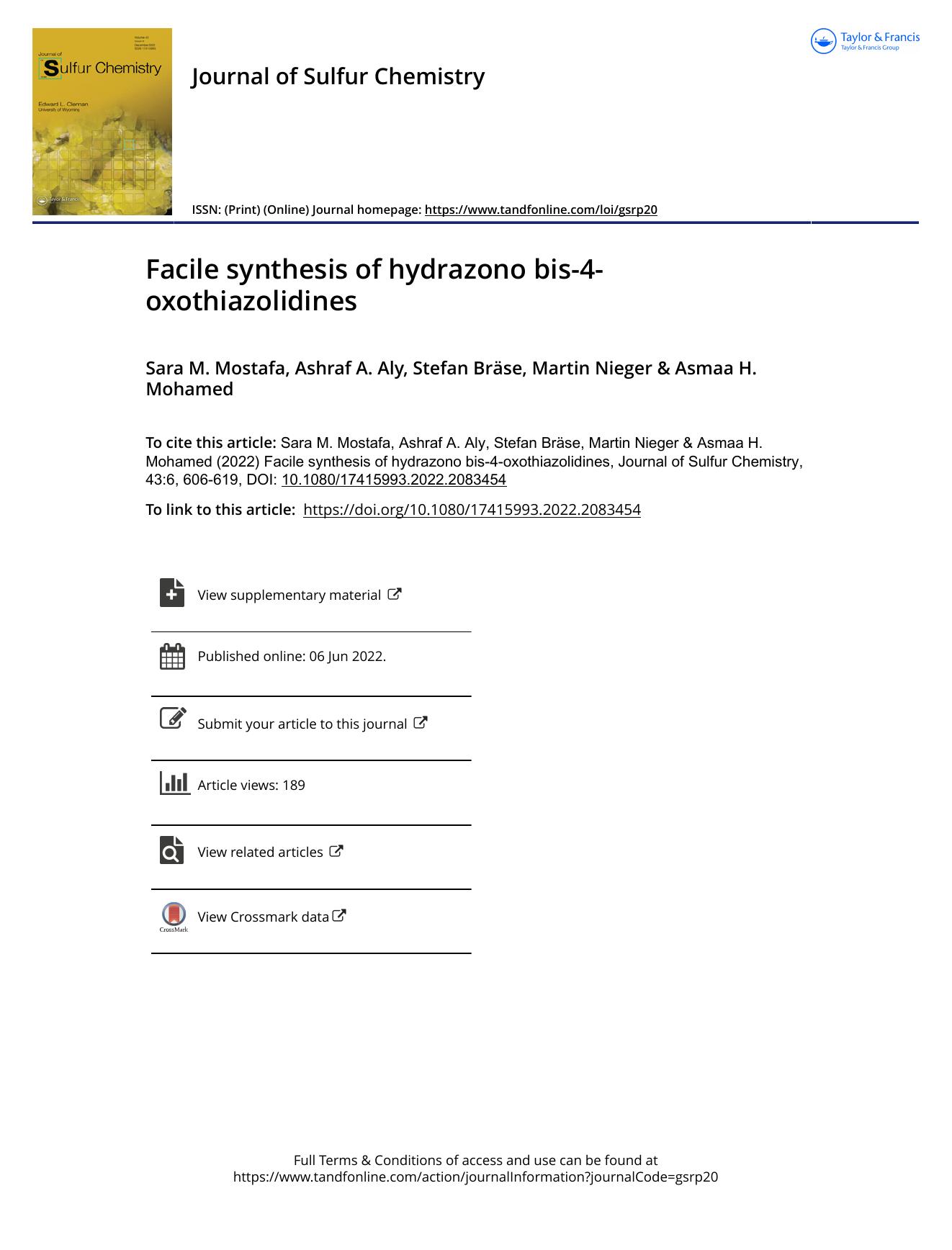 Facile synthesis of hydrazono bis-4-oxothiazolidines by Sara M. Mostafa & Ashraf A. Aly & Stefan Bräse & Martin Nieger & Asmaa H. Mohamed