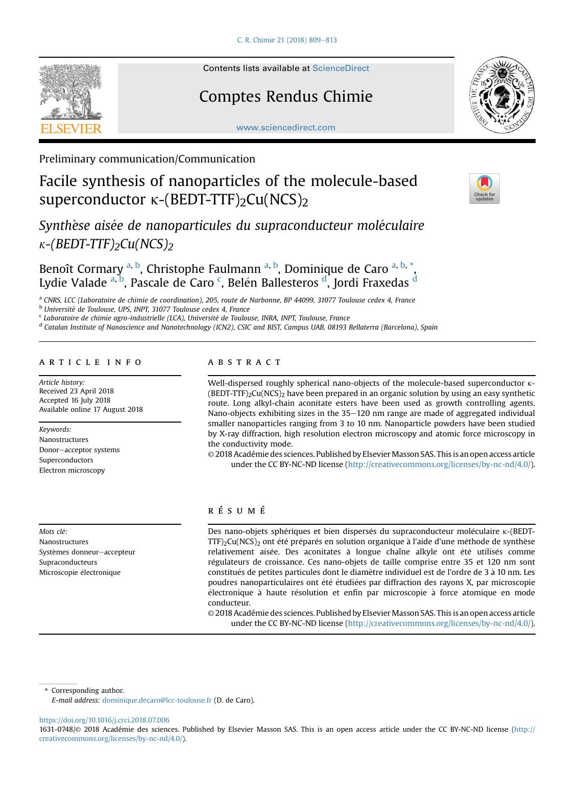 Facile synthesis of nanoparticles of the molecule-based superconductor &kappa;-(BEDT-TTF)2Cu(NCS)2 by Benoît Cormary