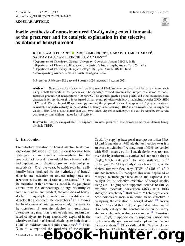 Facile synthesis of nanostructured Co3O4 using cobalt fumarate as the precursor and its catalytic exploration in the selective oxidation of benzyl alcohol by Ruhul Amin Bepari & Monsumi Gogoi & Nabajyoti Mochahari & Saurav Paul & Birinchi Kumar Das