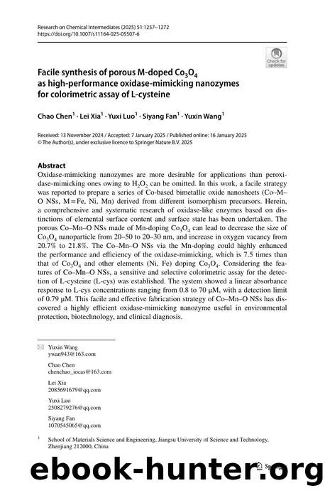 Facile synthesis of porous M-doped Co3O4 as high-performance oxidase-mimicking nanozymes for colorimetric assay of L-cysteine by Chao Chen & Lei Xia & Yuxi Luo & Siyang Fan & Yuxin Wang