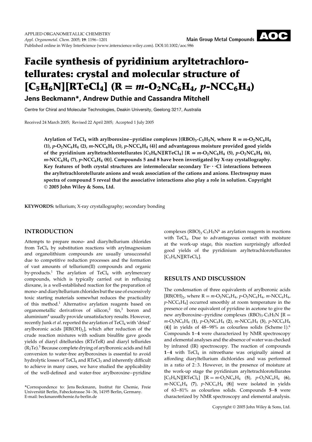 Facile synthesis of pyridinium aryltetrachlorotellurates: crystal and molecular structure of [C5H6N][RTeCl4] (R [equals] m-O2NC6H4, p-NCC6H4) by Unknown