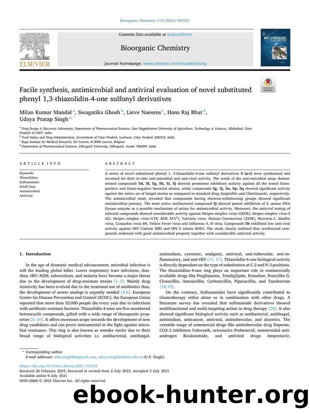 Facile synthesis, antimicrobial and antiviral evaluation of novel substituted phenyl 1,3-thiazolidin-4-one sulfonyl derivatives by Milan Kumar Mandal