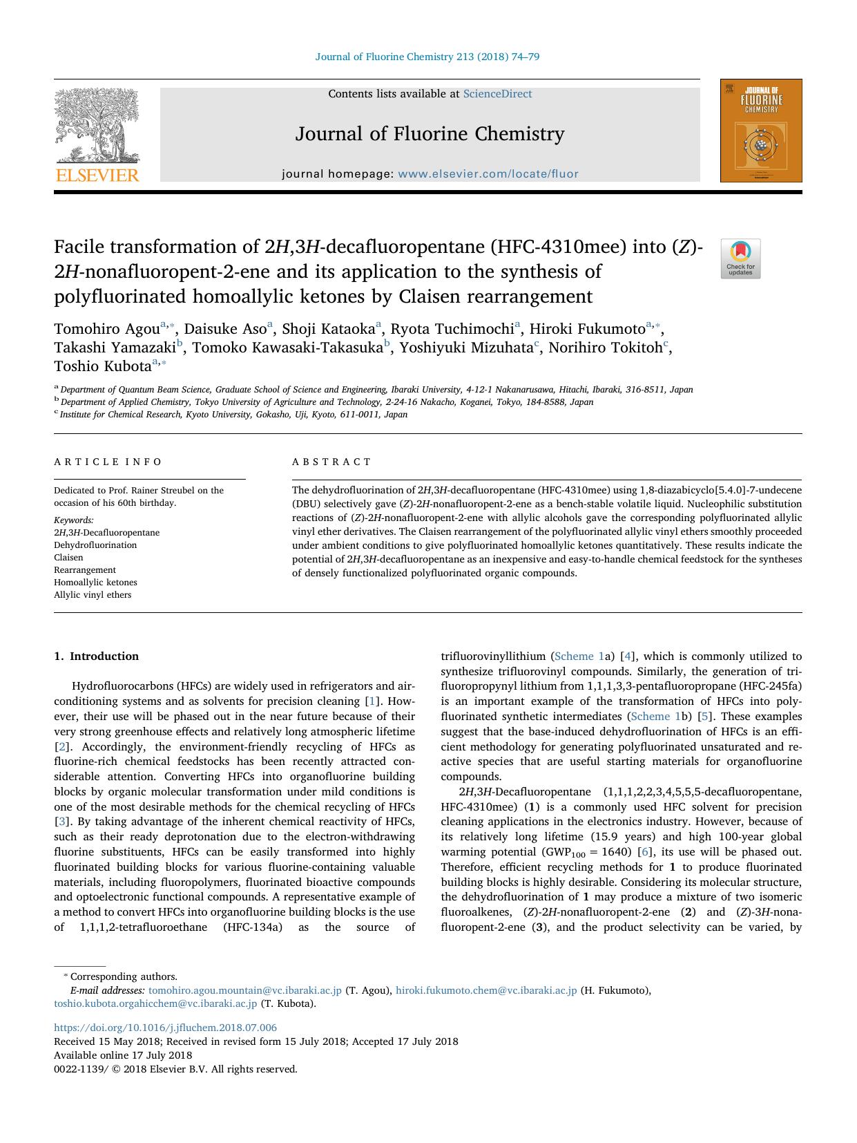 Facile transformation of 2H,3H-decafluoropentane (HFC-4310mee) into (Z)-2H-nonafluoropent-2-ene and its application to the synthesis of polyfluorinated homoallylic ketones by Claisen rearrangement by Tomohiro Agou