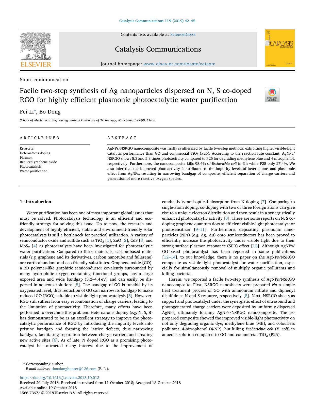Facile two-step synthesis of Ag nanoparticles dispersed on N, S co-doped RGO for highly efficient plasmonic photocatalytic water purification by Fei Li & Bo Dong