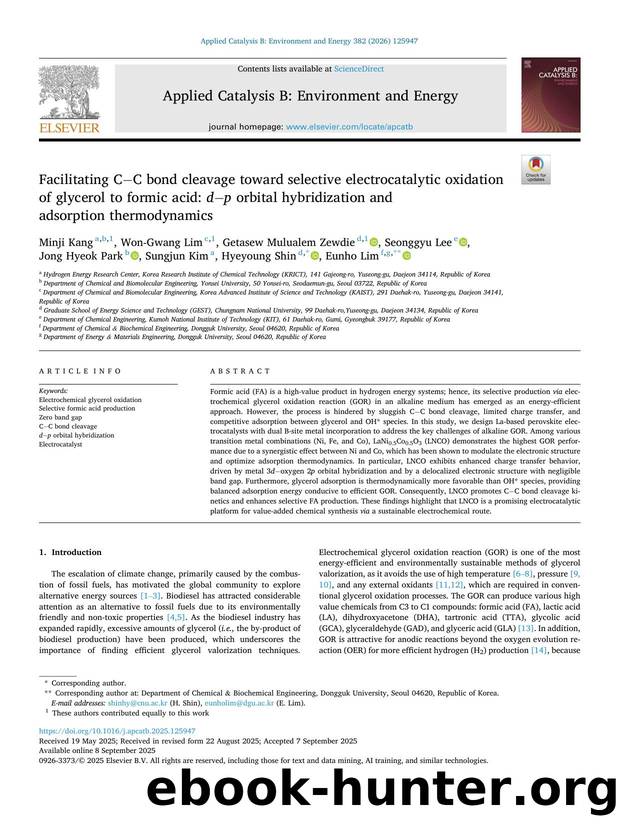 Facilitating CâC bond cleavage toward selective electrocatalytic oxidation of glycerol to formic acid: d â p orbital hybridization and adsorption thermodynamics by unknow