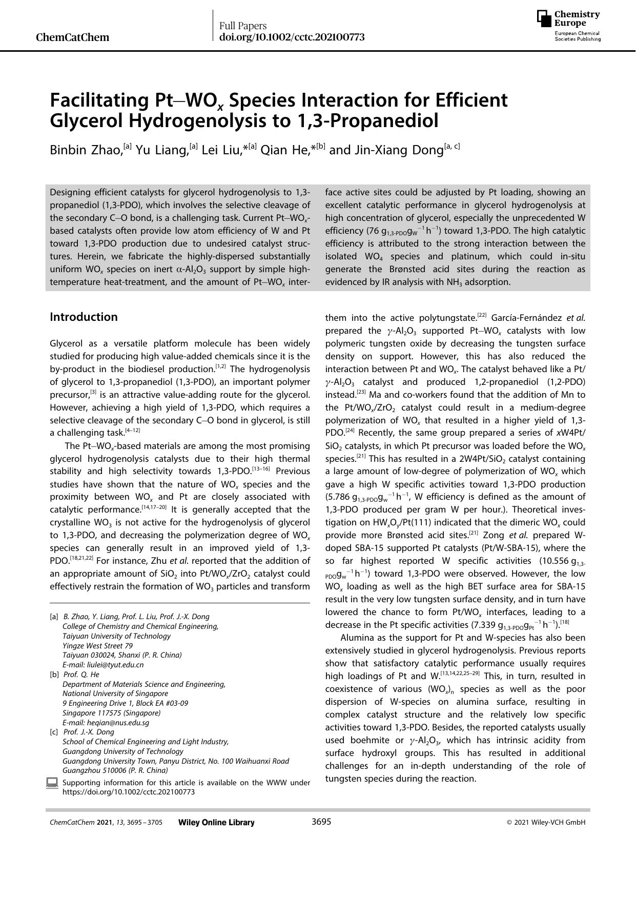 Facilitating PtâWOx Species Interaction for Efficient Glycerol Hydrogenolysis to 1,3âPropanediol by Unknown